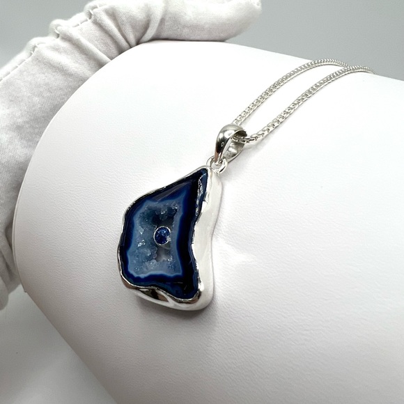 Genuine Blue Agate .925 Sterling Silver Necklace - Picture 14 of 16